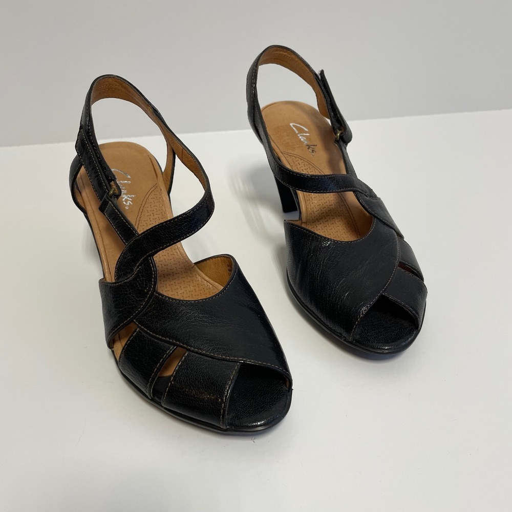 Clarks Women's Black‎ Leather Slingback Peep Toe Block Heel Sandals Size 6